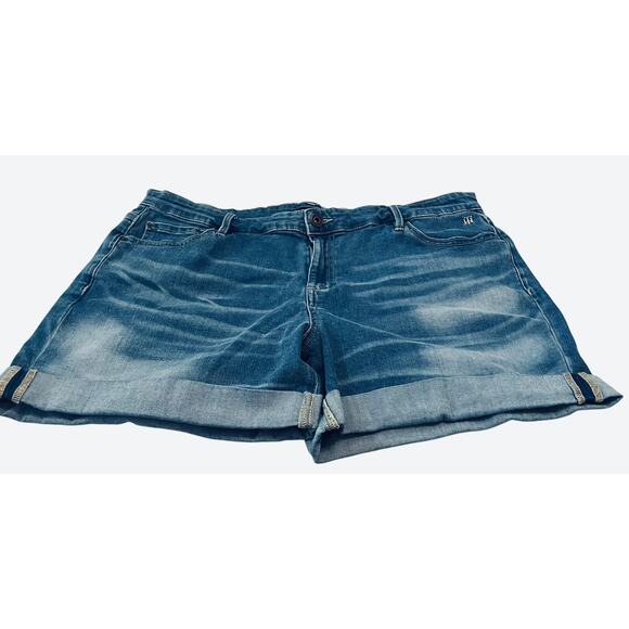 TOMMY HILFIGER HI-RISE DISTRESSED DENIM SHORTS, WOMENS, 14, DENIM BLUE, FOLD HEM - Picture 1 of 10